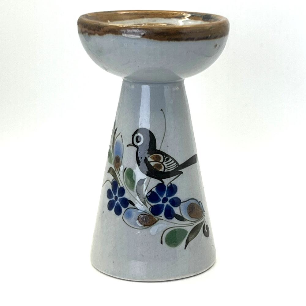 VTG Tonala Mexico Vase Candle Holder Tlaquepaque Folk Art Ceramic Bird Flared